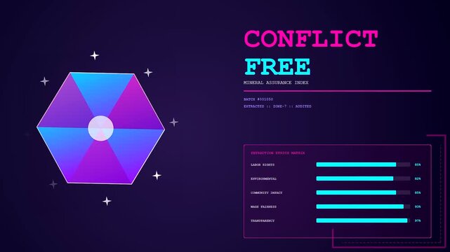Ethicalsourcing data visualization showing animated geometric polygon shapes with glowing blue and purple gradients and digital text metrics on a dark purple background for industry transparency