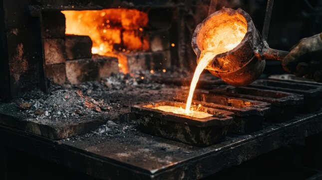 Molten aluminum pouring into ingot molds beside reclaimed oxide powder in a furnace with soot-dark refractory bricks
