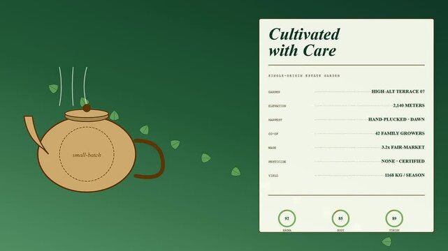 A digital representation of EthicalSourcing shown through animated tea pots with floating leaves and detailed product information windows over a deep green gradient screen display background
