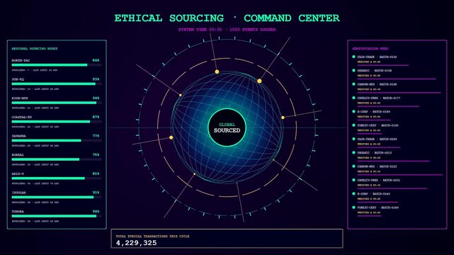 A digital ethical sourcing dashboard displays complex data streams across multiple monitor panels featuring neon blue globe visualizations and glowing circular metrics in a dark room