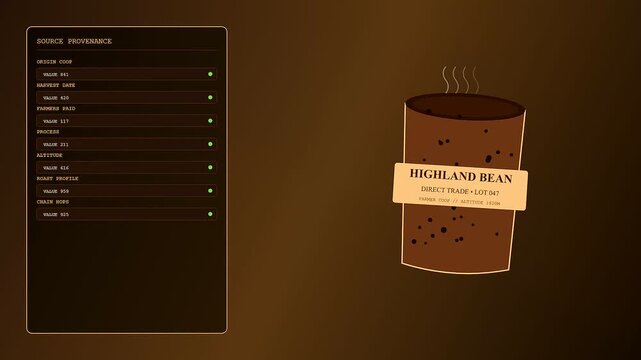 Displaying ethicalsourcing statistics for a steaming mug of coffee reveals detailed origin tracking panels presented against a subtle brown gradient background for professional digital presentations