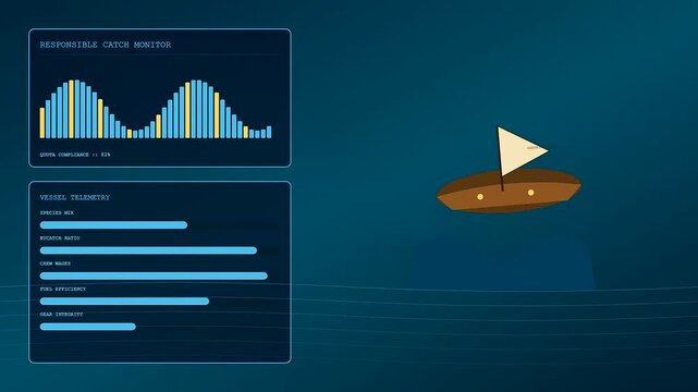 Digital displays showcasing ethicalsourcing data as a stylized wooden boat navigates across shifting ocean waves in this animated motion graphic showing maritime monitoring systems and analytics