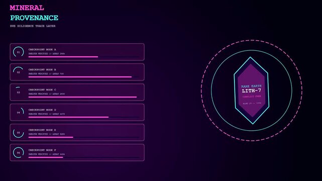 A digital interface showcasing ethicalsourcing and mineral tracking for global supply chain verification with data logs and geometric crystal symbols in a dark cyber environment