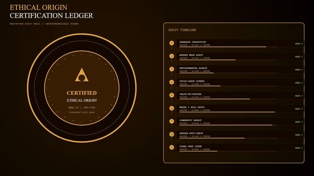 Digital ethicalsourcing monitoring dashboard featuring a circular badge symbol and a detailed audit timeline with checkmarks displayed against a dark amber gradient aesthetic interface display screen