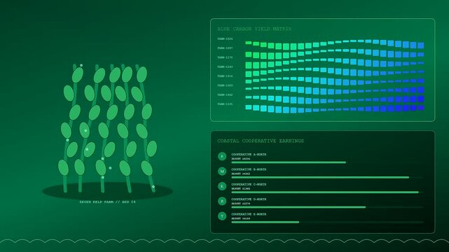 Data visualizations of ethicalsourcing yield metrics showcase digital kelp farm growth trends through animated UI elements with fluctuating bar charts and organic plant graphical icons