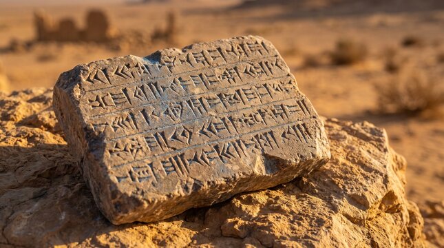 An ancient stone tablet with cuneiform inscriptions, resting on a rock in a desert landscape, hinting at lost civilizations and historical mysteries