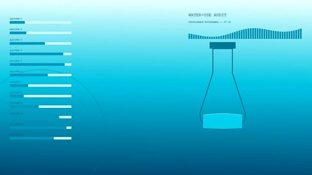 Ethical sourcing metrics displayed on a digital interface showing animated rising bar charts and a laboratory flask filling with vibrant blue liquid in a seamless loop