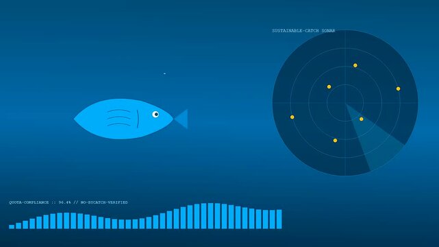 EthicalSourcing monitor systems track deep blue ocean fish populations with digital sonar radar grids displayed alongside pulsating frequency bar charts within a clean professional user interface