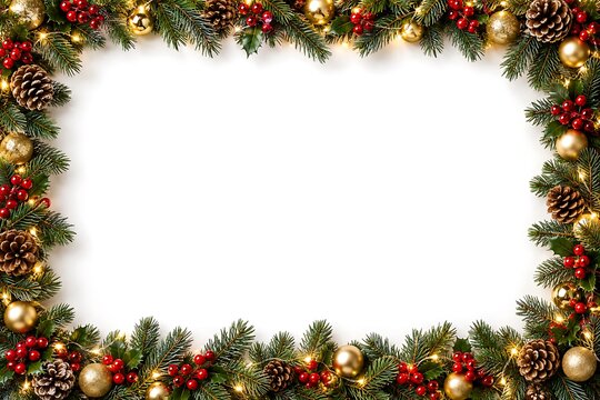 Traditional evergreen Christmas garland border with red berries and warm lights on white copy space