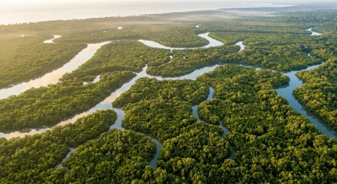 Aerial view of a lush tropical mangrove forest with winding river channels at sunrise. Beautiful green wetland ecosystem and coastal landscape under soft golden morning light and misty horizon.