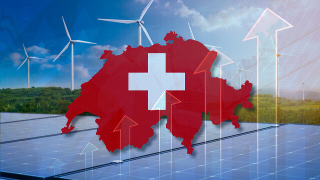 Rising growth in Switzerland renewable energy and green sector. Switzerland map flag overlaying solar panels and wind turbines with rising charts and economic data indicators. Sustainable clean energy