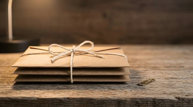 Stack of brown kraft envelopes tied with twine string on rustic wooden table