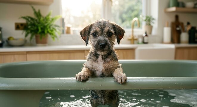 Cute scruffy terrier puppy standing in a green bathtub during bath time in a bright, modern kitchen at home.