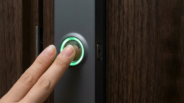 Finger scanning biometric electronic lock with illuminated green ring on wooden front entrance door