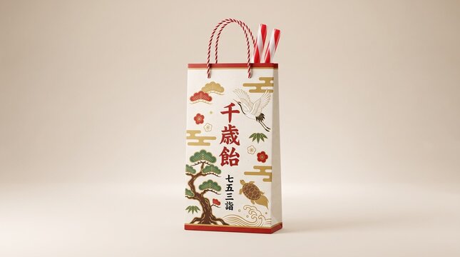 鶴と亀がデザインされた伝統的な千歳飴の袋のクローズアップ