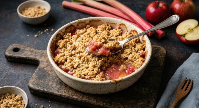 Delicious homemade rhubarb and apple crumble with a golden oat topping served in a rustic ceramic dish on a dark wooden board surrounded by fresh ingredients and red apples.