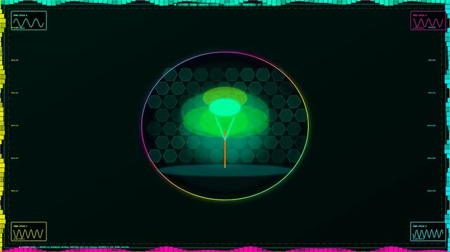A glowing biophilic architecture simulation showing a digital sprout inside a hexagonal grid container with oscillating light waves reflected in a dark virtual user interface space