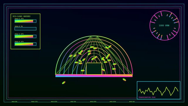 Digital biohazard monitoring displays showing biophilic architecture layouts with neon graphical domes and floating organic cell structures on dark backgrounds during a systemic observation cycle