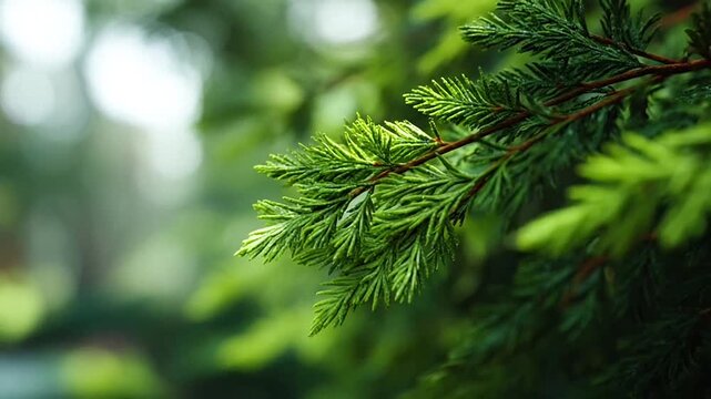 Close up of green evergreen needles on a branch.