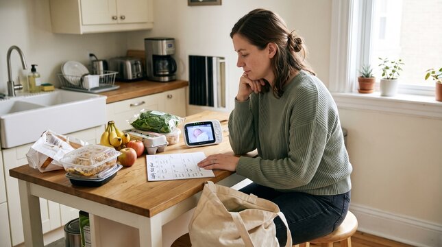 Postpartum mother overwhelmed by meal planning, leftovers and fresh ingredients showing inconsistent eating habits