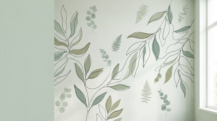 Fototapeta premium Botanical mural leaf illustration pastel color plant pattern interior wall