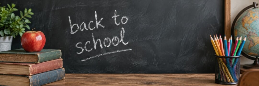 back to school text written in white chalk on blackboard with red apple, vintage books, colorful pencils and globe