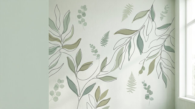 Botanical mural leaf illustration pastel color plant pattern interior wall