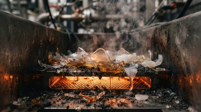plastic shards melting over a perforated catalyst bed with thermal glow, steam curls, and steel reactor walls