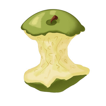 Green apple core eaten fruit, leftover apple stump, digital illustration isolated