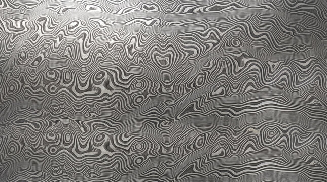 Polished etched Damascus steel texture with wavy liquid raindrop folded pattern and silver chrome metallic sheen, ideal for luxury knife bladesmithing 3D material mapping, EDC product stage mockups