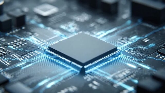 Macro view of electronic chip on printed circuit board