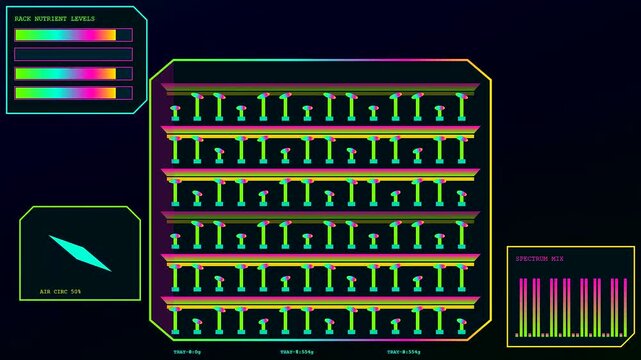 Digital displays showing biophilic architecture concepts with hydroponic vertical garden racks glowing in dark virtual environments captured in a sequence of software user interface monitoring screens