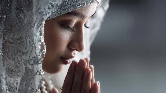 Muslim woman in white lace hijab praying with closed eyes