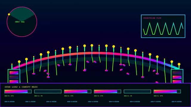 Biophilic architecture displayed through a digital bridge monitoring dashboard featuring swaying motion metrics and loading status bars for infrastructure analysis in a dark glowing user interface
