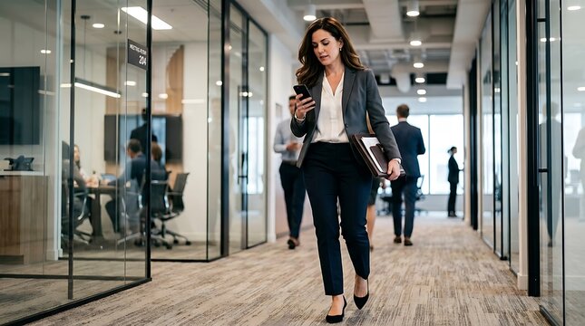 Professional Woman Walking Corporate Corridor Blazer Confident Business