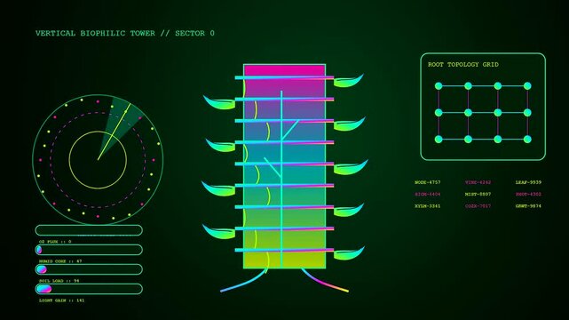 Biophilic architecture data displays showing vertical plant towers with green glowing energy metrics and digital root systems pulsing inside a dark monitor interface grid environment