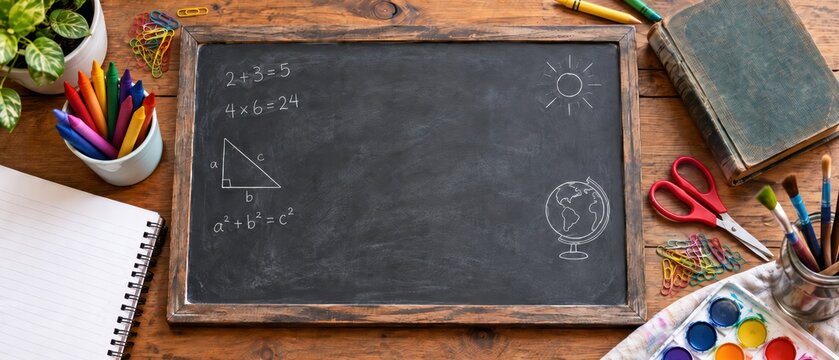 black chalkboard with math equations, geometry drawing, globe, crayons, scissors, notebook, paintbrushes and school supplies on wooden desk