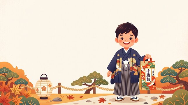 羽織袴の男の子と千歳飴のほっこりイラスト（チラシ・ヘッダー用・上部余白）