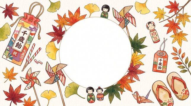 七五三の千歳飴と秋小物の平置きイラスト（POP・デザイン背景）