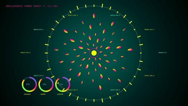 A digital representation of biophilic architecture shows rotating geometric organic patterns inside a circular radar interface with circular gauges and numerical metrics displayed on screen