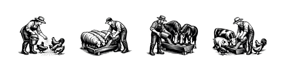 Obraz premium Farmers feeding livestock black and white vector illustration, farm animals, silhouette style