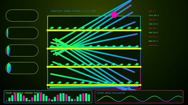 Digital displays showcasing biophilic architecture patterns shift across three monitors while moving graphic lines calculate environmental solar data for building design optimization in a dark room
