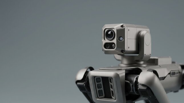 A modern robotic quadruped with a sophisticated camera sensor head stands on a grey background.