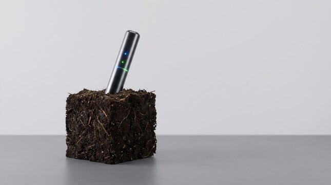 A modern soil moisture sensor is inserted into a dark earth cube against a grey background.