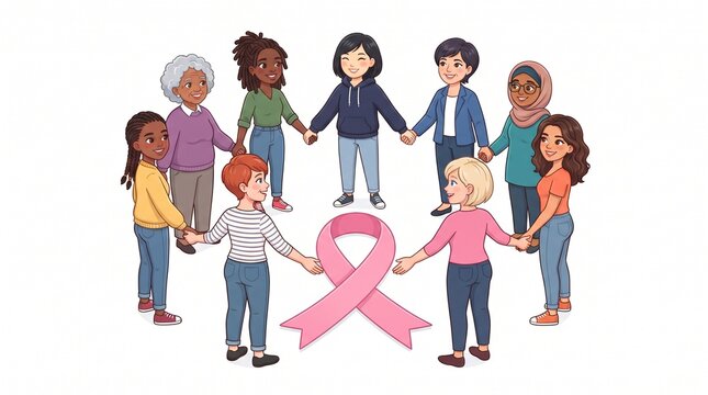 Diverse group of women forming a circle around a pink ribbon with breast cancer
