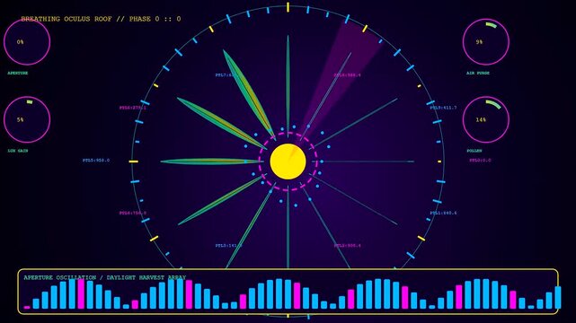 Biophilic architecture data displays show rhythmic floral bloom patterns with fluctuating bar graphs and circular interface elements tracking organic growth metrics in a digital environment