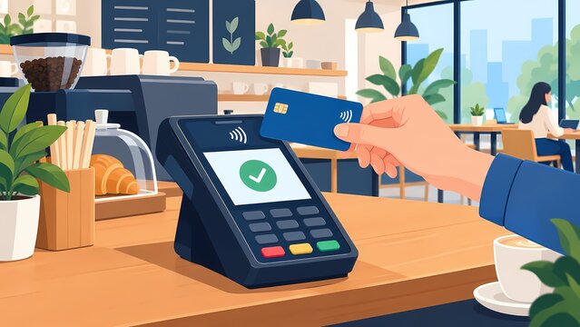 Customer tapping generic contactless payment card on modern POS terminal on coffee shop counter, cashless transaction and digital banking concept