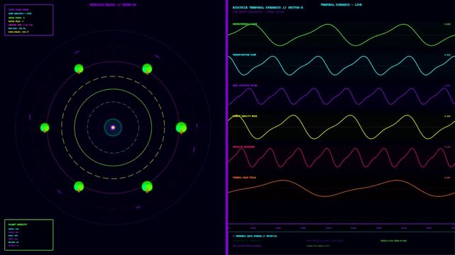 Digital displays showcasing biophilic architecture patterns alongside dynamic orbital motion graphs and glowing pulse waves on a dark interface for scientific data analysis and observation