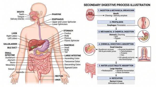Anatomical illustration of secondary digestive process showing liver, pancreas, and gallbladder functions in human body