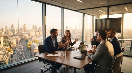 Fototapeta premium Diverse business team having a professional meeting in a modern office with London city skyline view